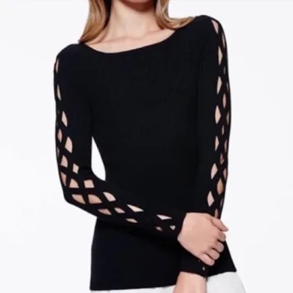 Ramy Brook Kimila Criss Cross Lattice Sleeve Sweater In Black Size XS